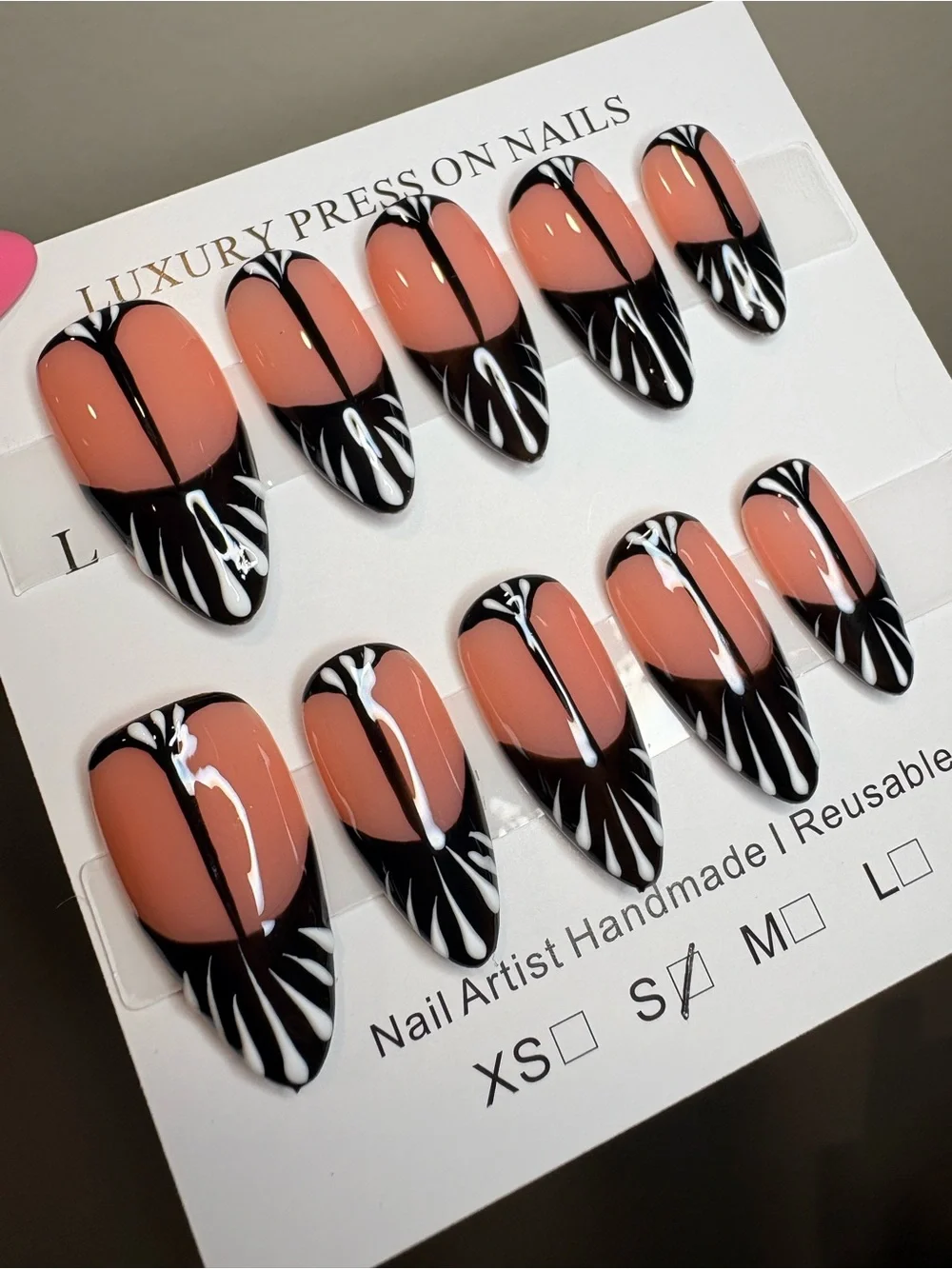 Peach and Black Hand-Painted Press-On Nails